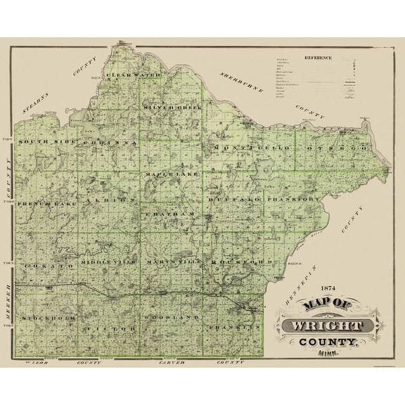 Historic County Map - Wright County Minnesota  - Andreas 1874 - 28.19 x 23 - Vintage Wall Art