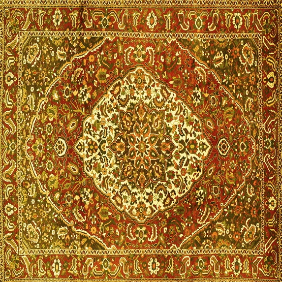 Ahgly Company Machine Washable Indoor Square Medallion Yellow Traditional Area Rugs, 8' Square