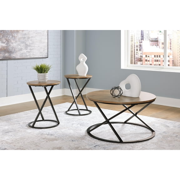 Signature Design by Ashley Cassbryn Occasional Table Set, Coffee Table and 2 End Tables, Brown Wood-Look Top with Black Metal Frame