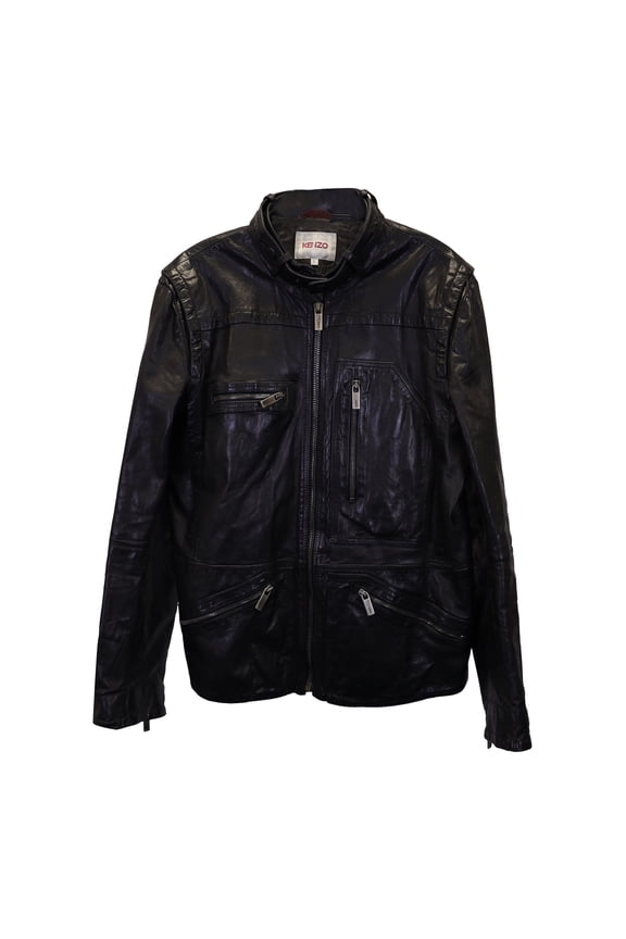 Pre-Owned Kenzo Zip Front Moto Jacket in Black Calfskin Leather