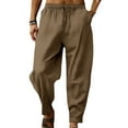 thumbnail image 1 of MAWCLOS Mens Trousers Elastic Waist Linen Pants Solid Color Summer Pant Fitted Jogger Drawstring Bottoms Dark Brown M, 1 of 2