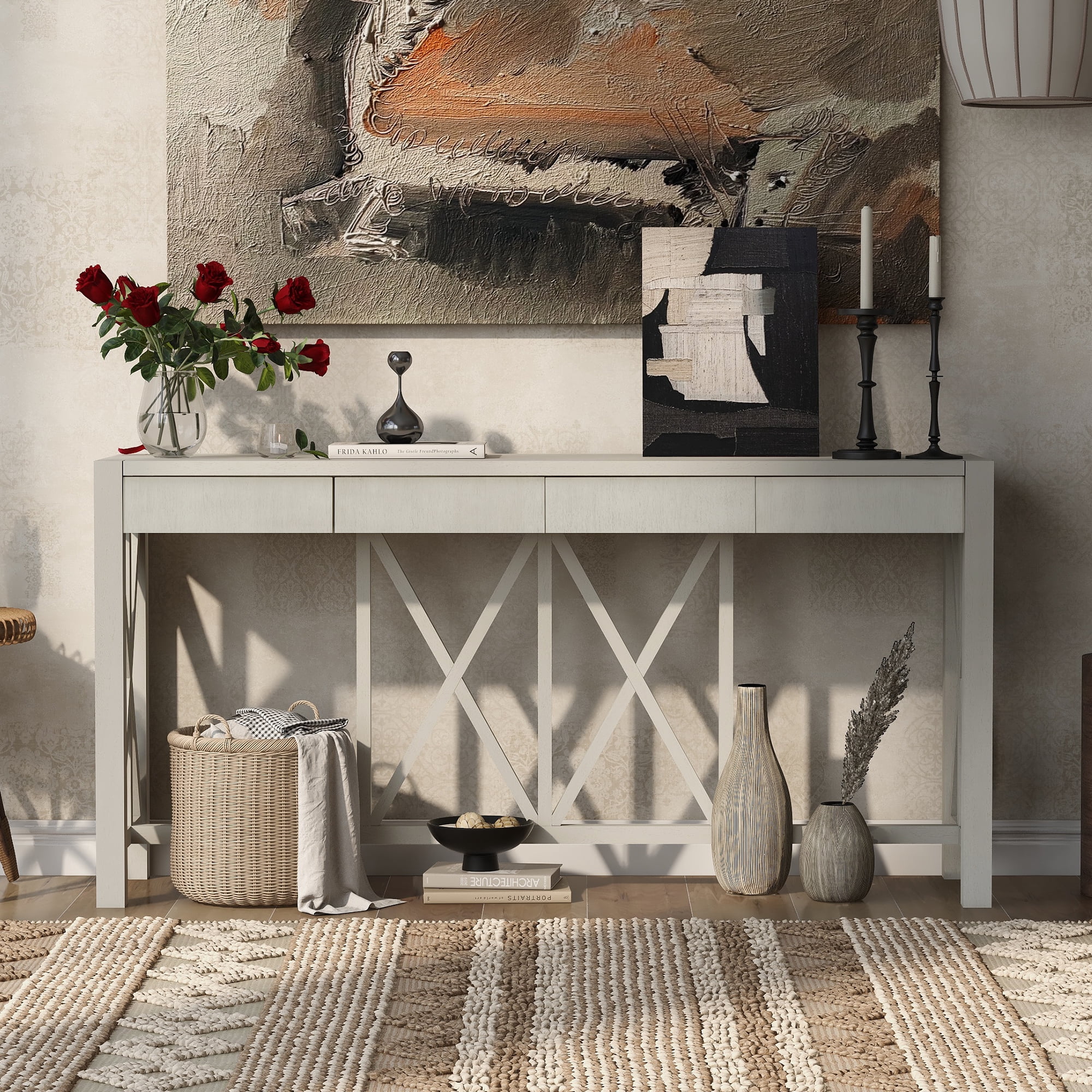 Euroco 60" Wood Console Table with 4 Drawers,Farmhouse Narrow Long Entryway Table Sofa Table with Open Bottom Storage for Living Room,Kitchen,Hallway,Beige