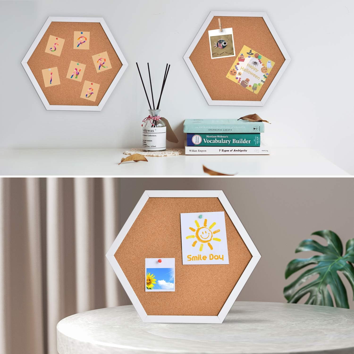 Cork Bulletin Board Hexagon 4 Pack, Small Framed Corkboard Tiles for Wall, Thick Decorative Display Boards for Home Office Decor, School Message Board with 16 Push Pin Wood Clips