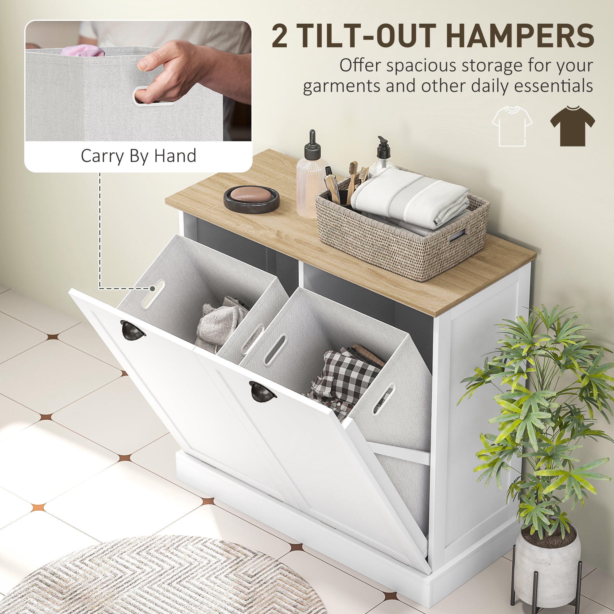 HOQBN Dual Tilt out Laundry Hamper Cabinet with 2 Removable Basket, Modern Bathroom Storage Cabinet with Shaker Doors and Handles, White