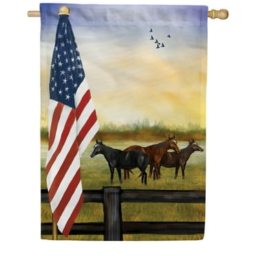 America Forever Patriotic Horse House Flag, 28 x 40 inches Double Sided, American Flag Horses, Rustic Farmhouse Decor, Fall Seasonal Outdoor Decorations, Outdoor Flag for Yard