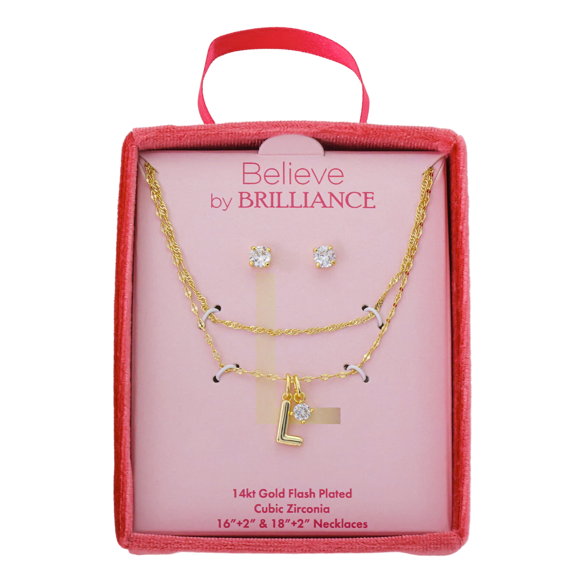 Believe by Brilliance Women's 14Kt Gold Flash Plated Initial L Slider Charm and Cubic Zirconia Charm Layered Necklace and Stud Earring Set, 16+2"/18+2"