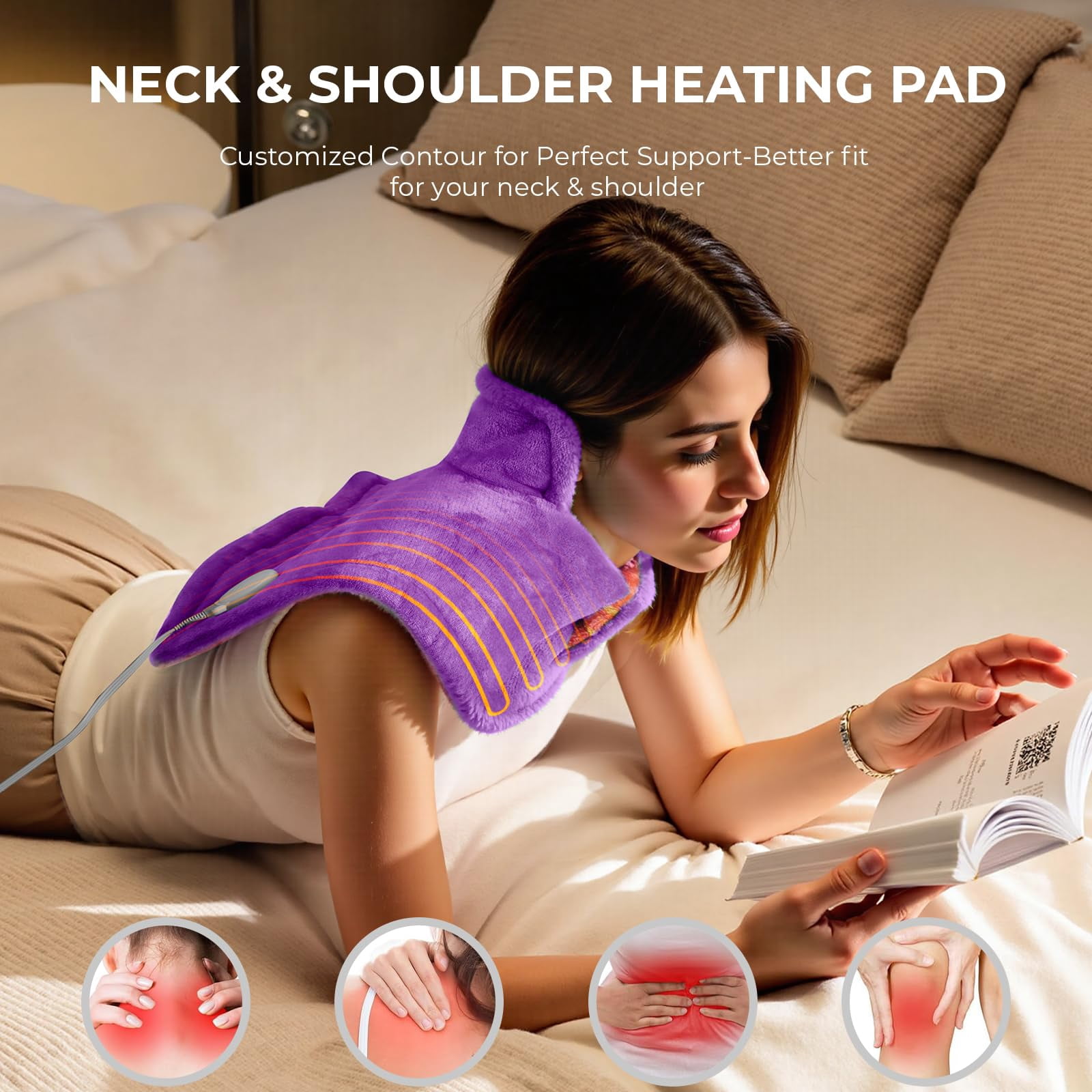 TCVOR Soft Flannel Heating Pad for Neck and Shoulders and Back, 19 x 24 in Wearable Weighted Electric Heating Pads with 6 Heat Settings & 6 Timer Auto Shut Off, Puple