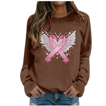 FYEGRE Cancer Sweatshirt for Women Pink Ribbon Heart Graphic Shirt Cancer Awareness Gift Pullover Coffee M