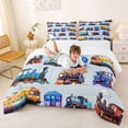 thumbnail image 3 of Castle Fairy Whimsical Train Art Full Size Comforter Sets 3 Pieces for Toddlers, Playful Engine Pattern Bedding Sets for Bedroom, Light Blue, 3 of 6