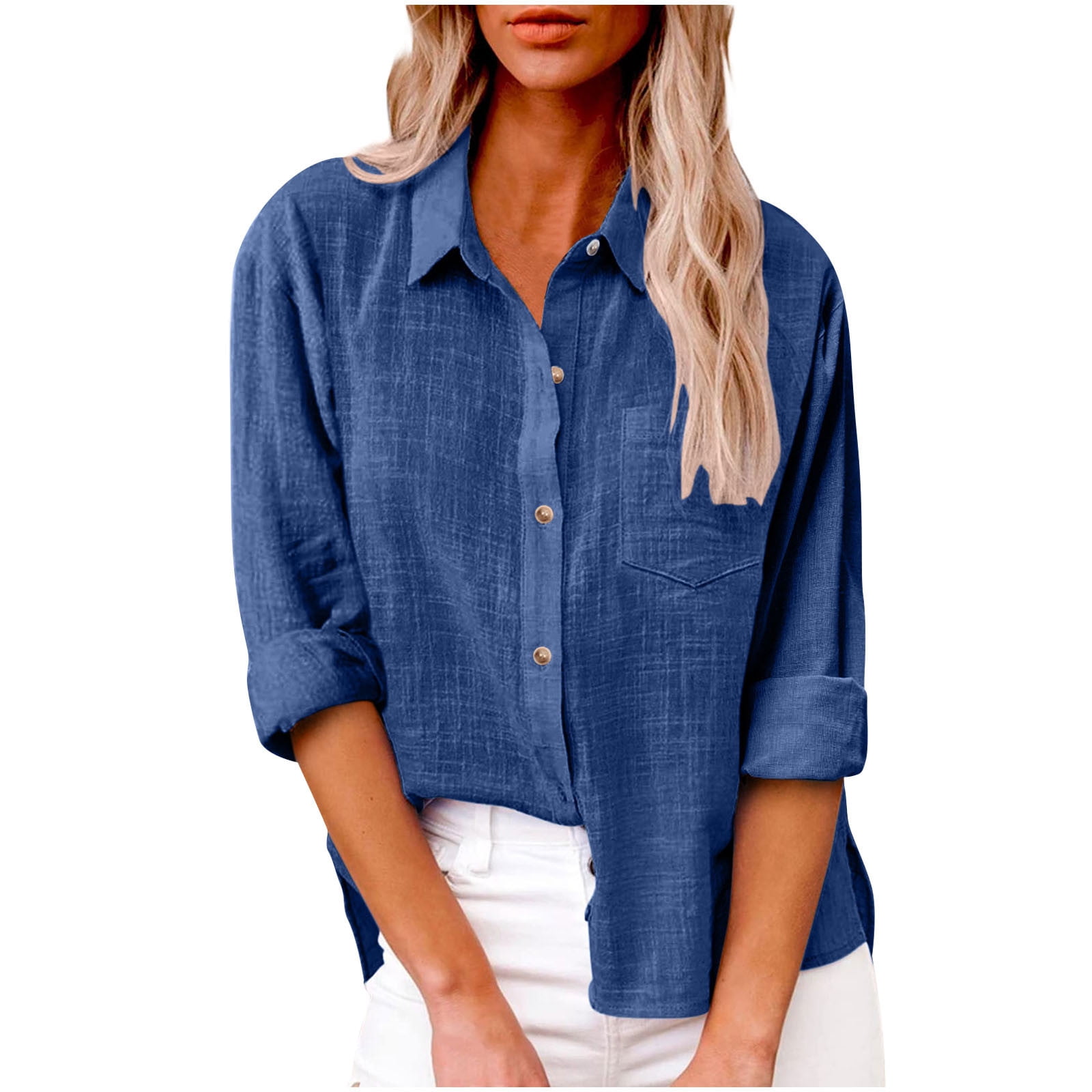 QLEICOM Plus Size Women Button Down Shirts Solid Classic Long Sleeve ...