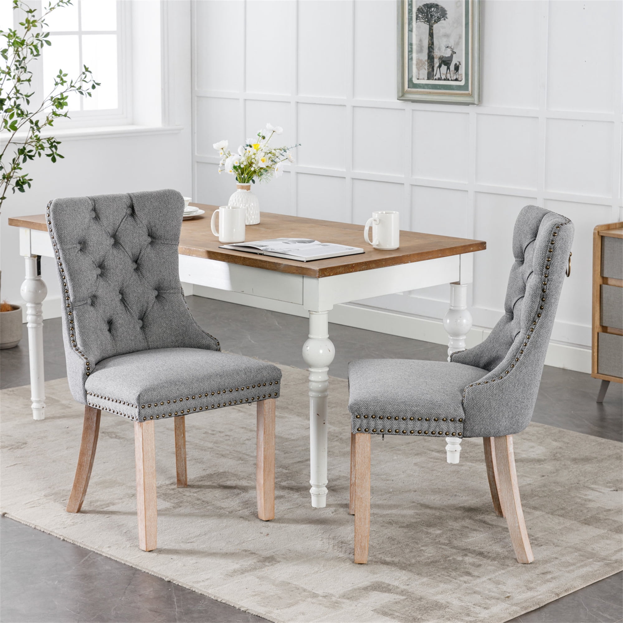 Miniyam Dining Chair Set of 2, High-end Tufted Contemporary Flax Upholstered, Gray
