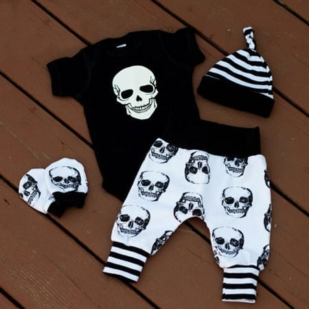 

Newborn Kids Baby Boys Skull Tops Romper Pants Hat Outfits Set Clothes 4pcs