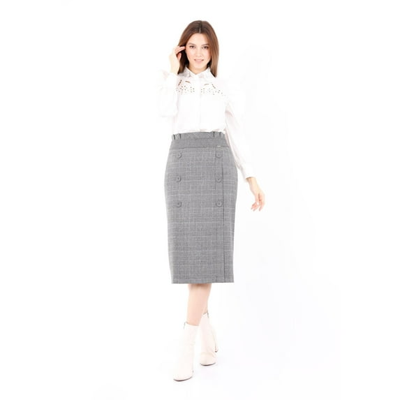 Grey Midi Tartan Straight Plaid Belted Skirt With Decorative Buttons