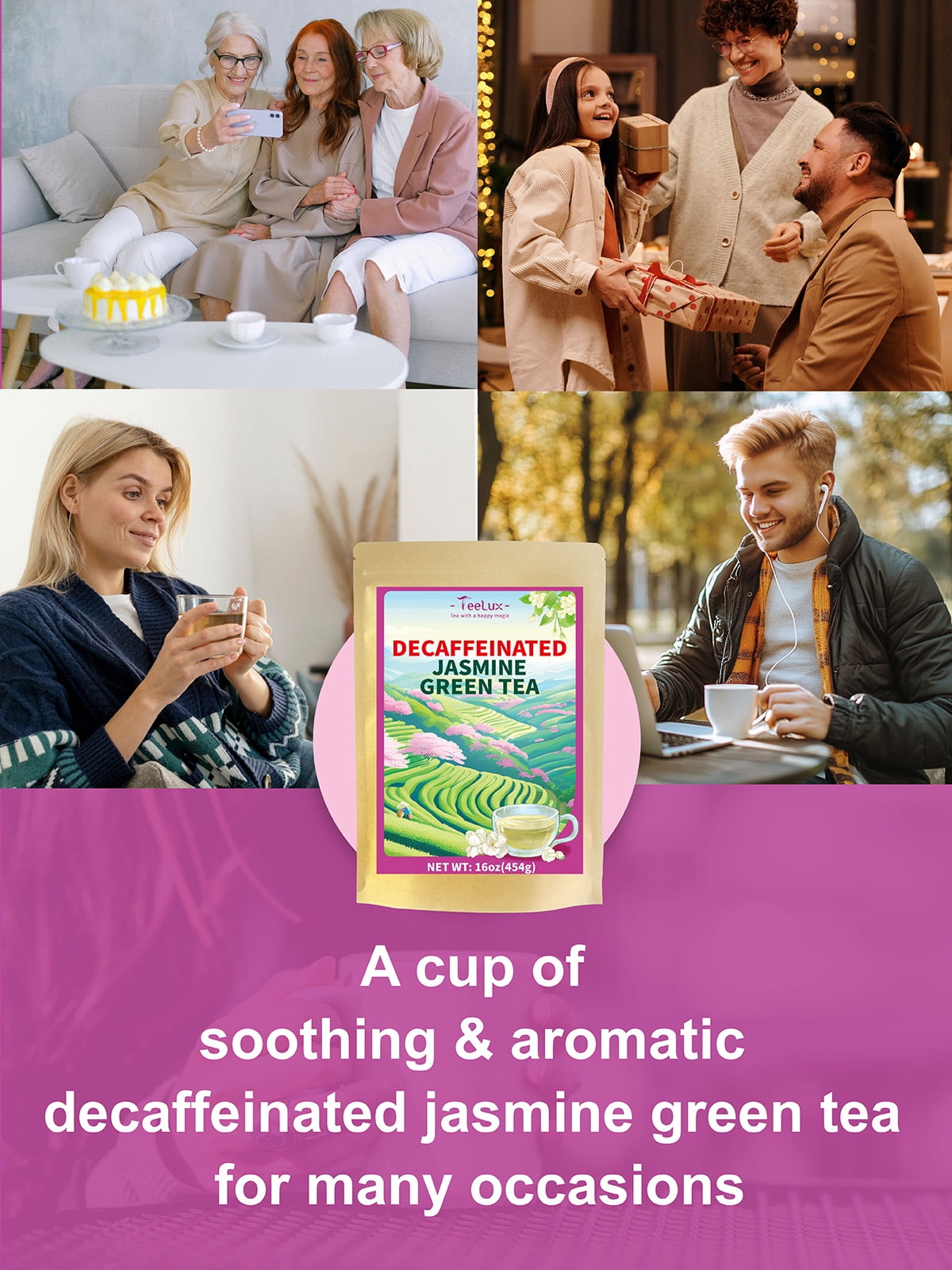 TeeLux Decaf Jasmine Green Tea, Decaffeinated Jasmine Scented Green Tea Loose leaf, Pleasant Aroma & Smooth Taste, 16oz