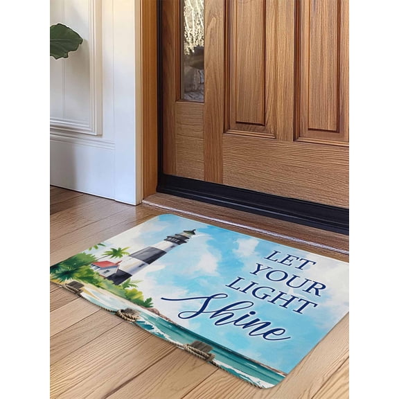 Lighthouse Door Mat Indoor Outdoor Entrance,Non Slip Small Rug for Kitchen Bathroom Entryway Rug,Blue Coastal Nautical Ocean Beach Palm Tree Washable Doormat Floor Mat for Office Home 18x30 Inch