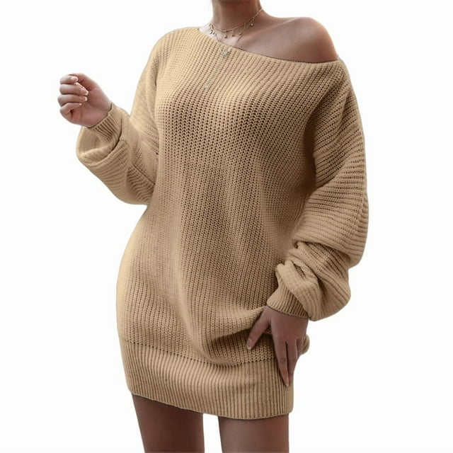 Women'S Off Shoulder Lantern Long Sleeve Sweater Dress Fall Loose Ribbed Knit Solid Mini Jumper Pullover Dresses Khaki L