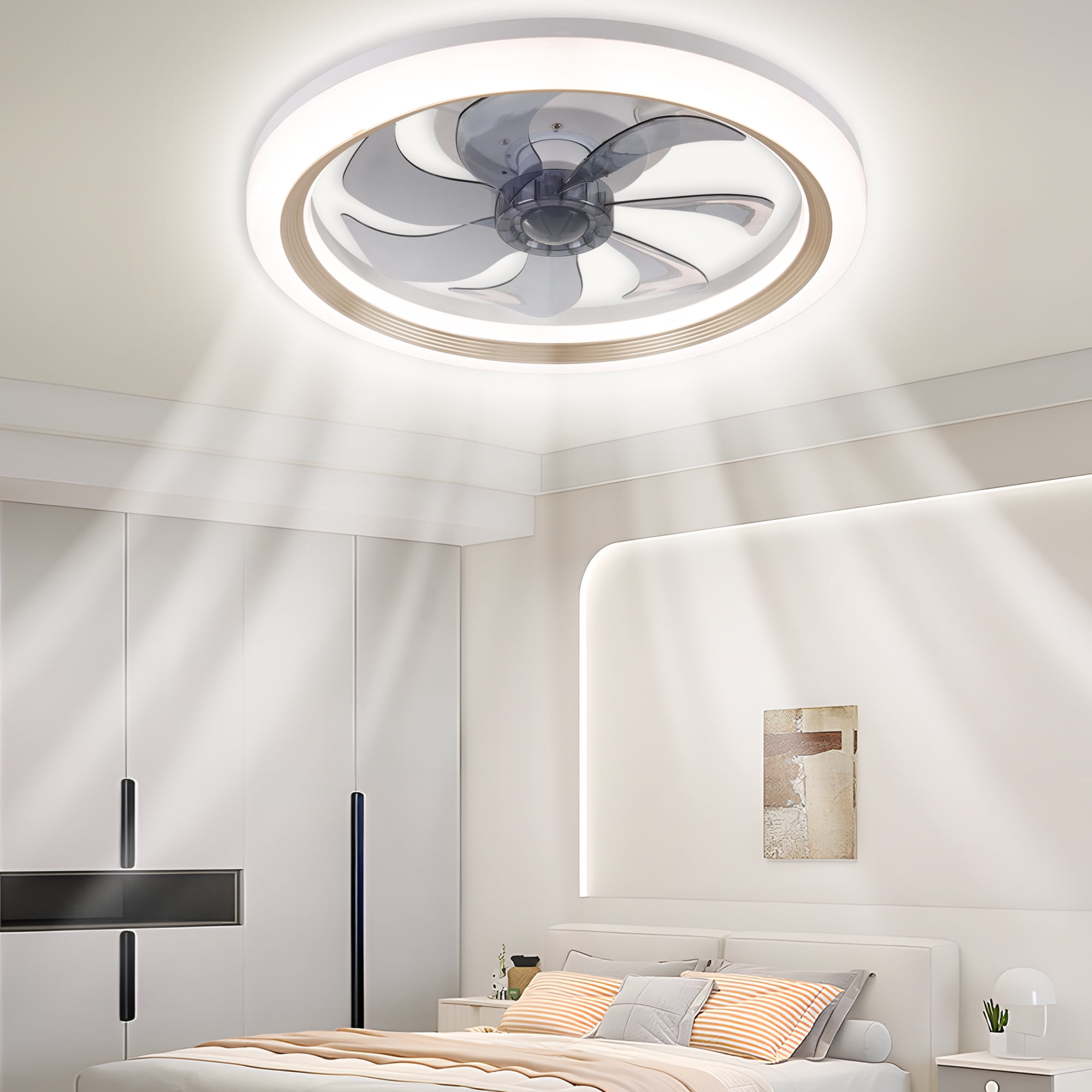 LISUNAR 20" Ceiling Fans with Lights and Remote,Gold-Smart Dimmable low profile ceiling fan with light,Ceiling fans with lights flush mount，Stepless Color Temperature Change and 6 Speeds 7 Blades