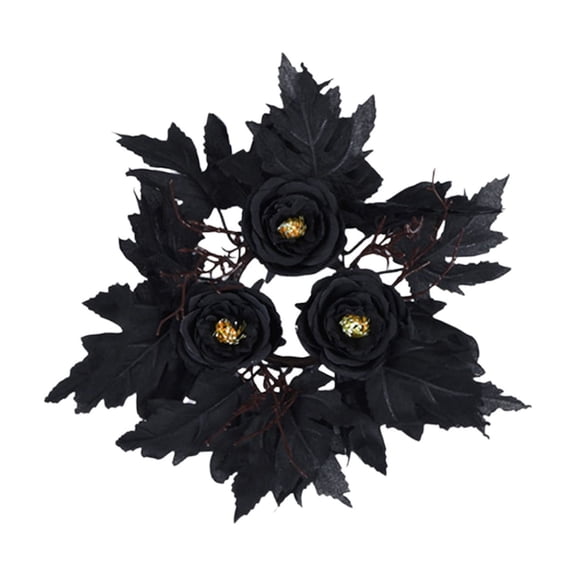 12 Inch Artificial Black Rose Candle Ring Wreath, Gothic Black Foliage Mini Wreath, Halloween Spooky Candle Holder Decor for Table Mantel, 1-Pack