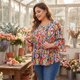 thumbnail image 3 of Blusas florales de talla grande para mujeres Agnes Orinda, con escote en V, volantes, mangas 3/4, estilo babydoll y peplum, 3X, naranja y negro, 3 of 8
