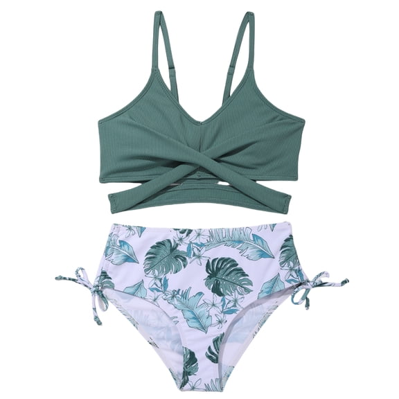 Girls Two Piece Criss Cross Bikini Bathing Suit Ribbed Crop Top Print High Cut Swim Bottoms for Teens 7-16