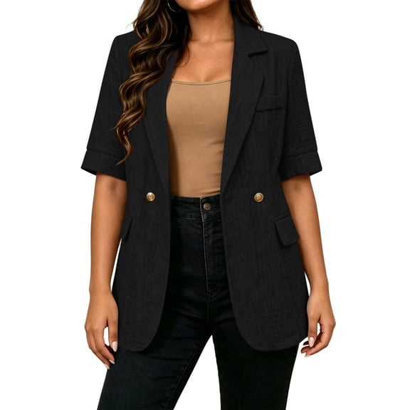FAVIPT Womens Notch Lapel Blazer Short Sleeve Solid Open Front Suit Jackets Lightweight Business Office Dressy Outfits without Pockets Black,XXL