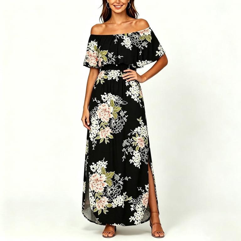 Kctiaxy Dresses for Women Summer Off-Shoulder Ruffled Maxi Dress Casual Print Short Sleeve Flowy Boho Dresses with Pockets