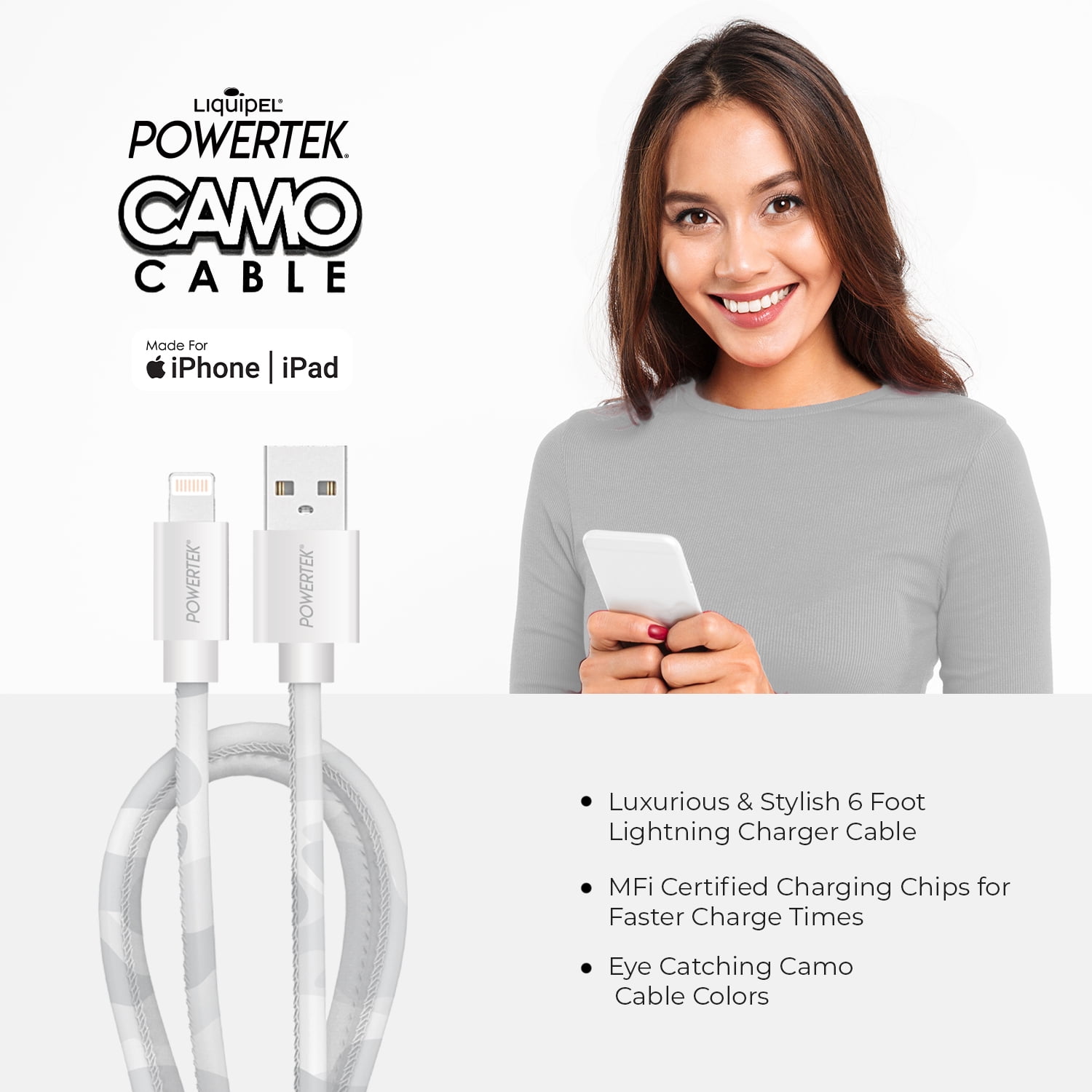 Liquipel Powertek USB-A to Lightning Cable, White