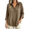 thumbnail image 2 of VBVC Women's Cotton Linen Henley Shirts , Ladies' Collared Long Sleeve Casual Blouses , Loose Fit Button Down Tunic Tops For Women, Brown , S-3XL, 2 of 6