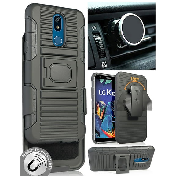 Nakedcellphone Black Rugged Case Cover [with Finger Grip Stand]   [Belt Clip Holster]   [Magnetic Car Mount Holder] for AT&T LG Xpression Plus 2 Phone (LMX420)