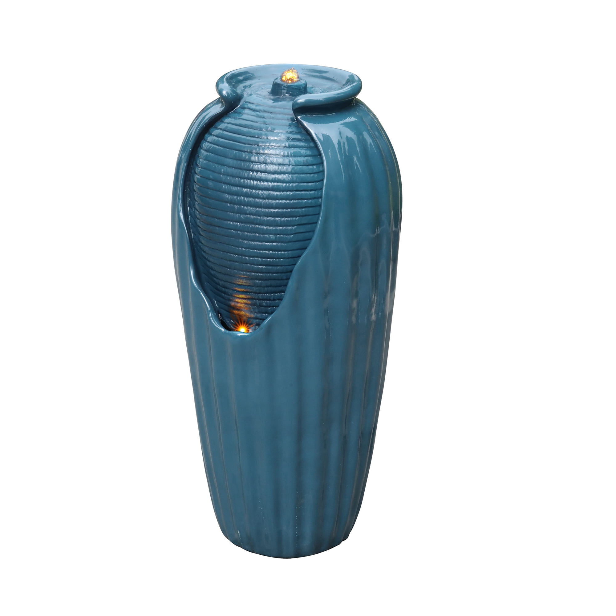 Teamson Home Indoor/Outdoor Contemporary Glazed Contoured Vase Water Fountain with LED Lights, Blue