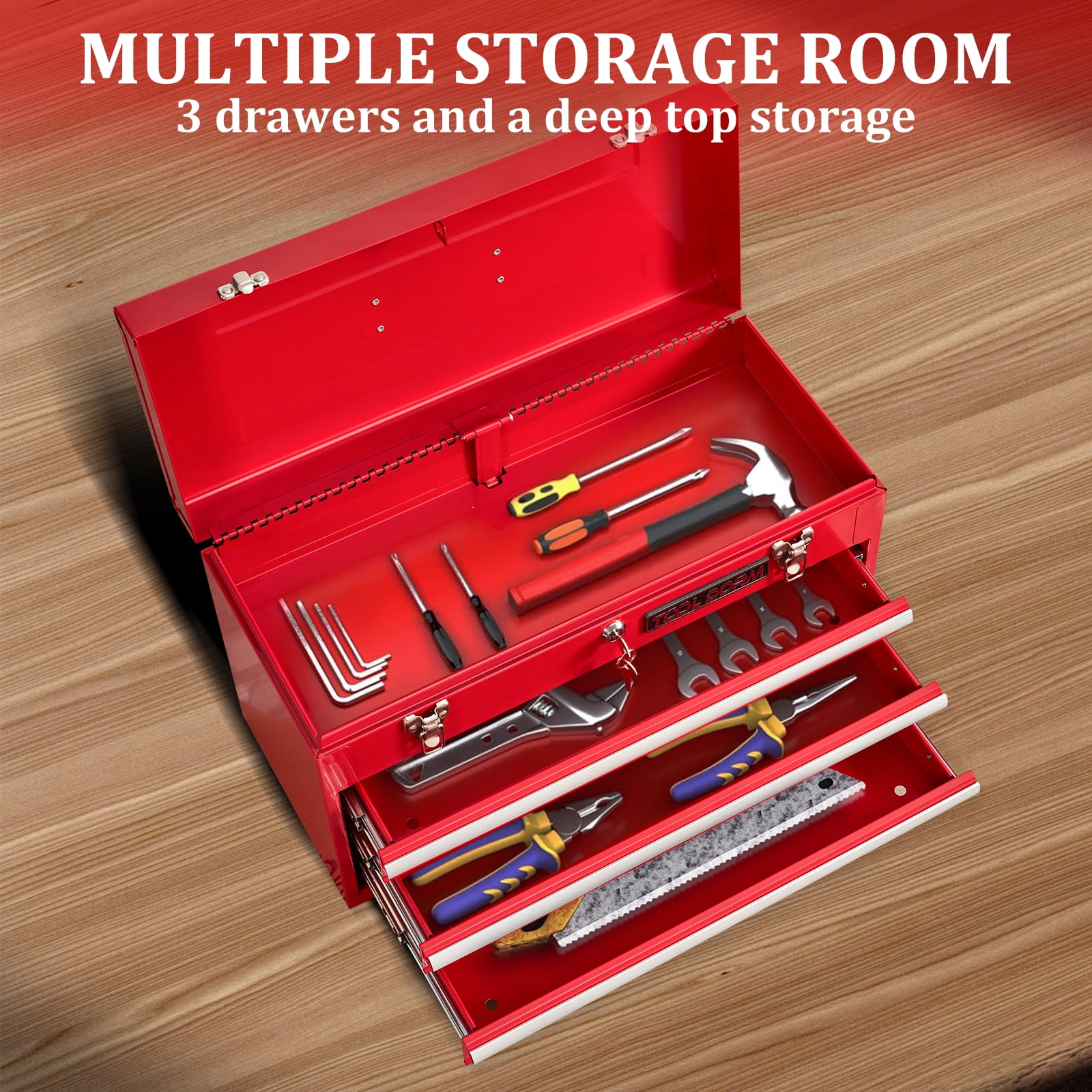 20.3“ Metal Tool Box with Drawer Portable Steel Metal Tool Box with Protective Liner and Metal Latch Closure and Lock for Garage, Home and Warehouse (Red-3 Drawers)