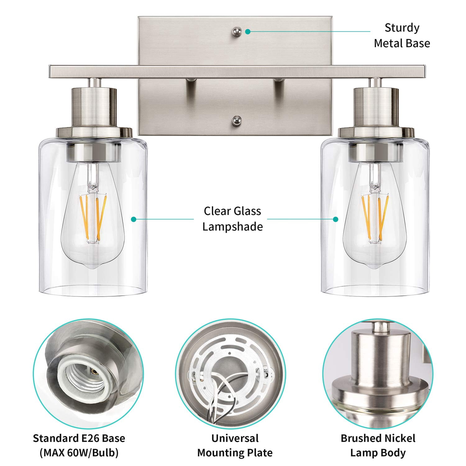 2-light Bathroom Vanity Light Fixture  Brushed Nickel Fixtures Over Mirror Modern Wall Mounted Lighting With Clear Glass Shade For Bedroom Hallway