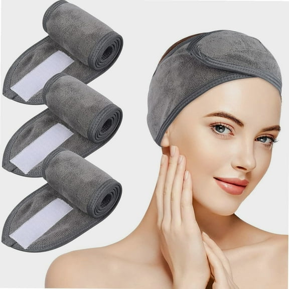 Spa Facial Headband Adjustable Towel Headband Make Up Wrap Head Band for Face Washing, Shower, Yoga Sports 3 Pack Gray