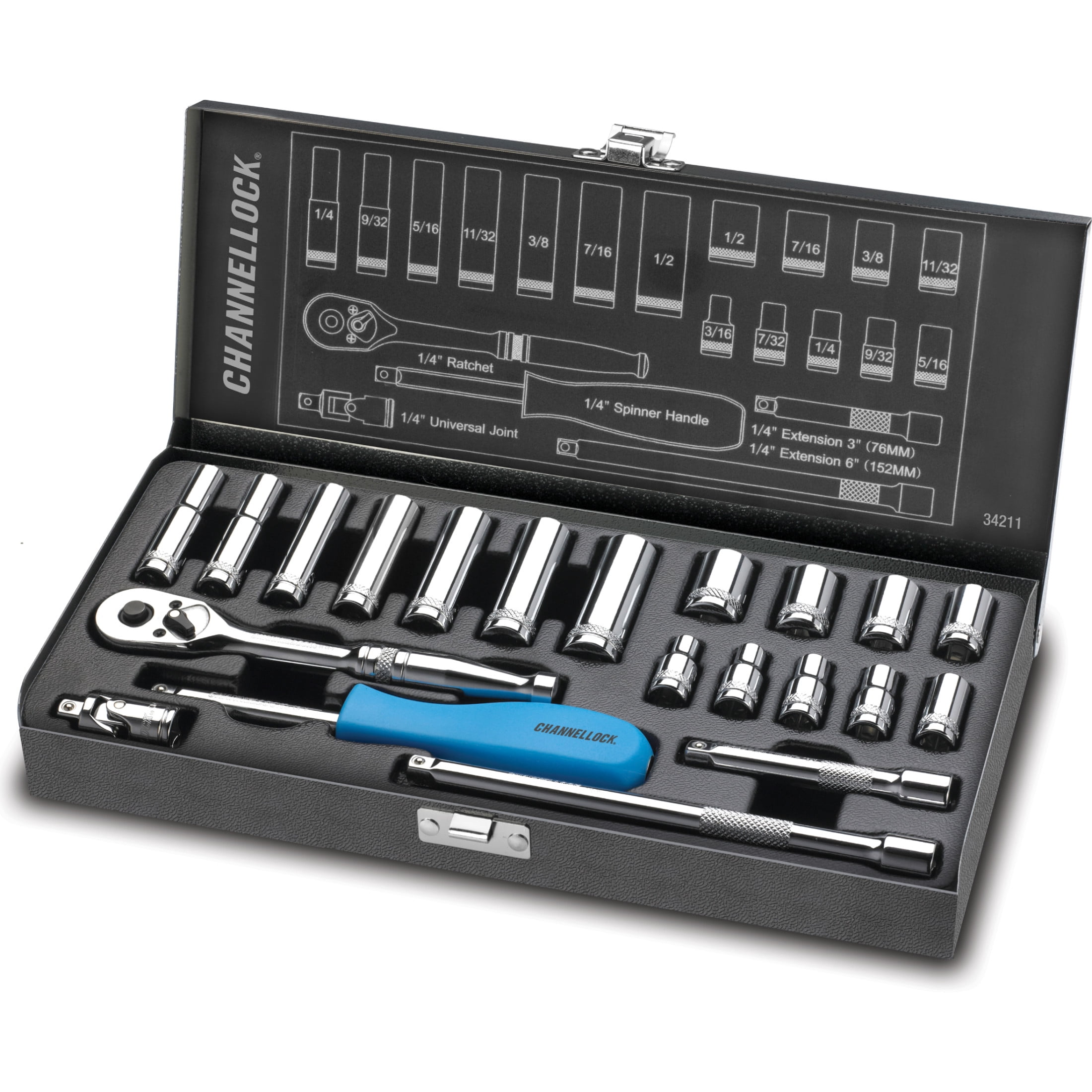 CHANNELLOCK 1/4-inch SAE Drive Socket Set, Includes Standard and Deep-Well Sizes, 6-Point Sockets, Durable Steel Case, 21 pieces (34211)