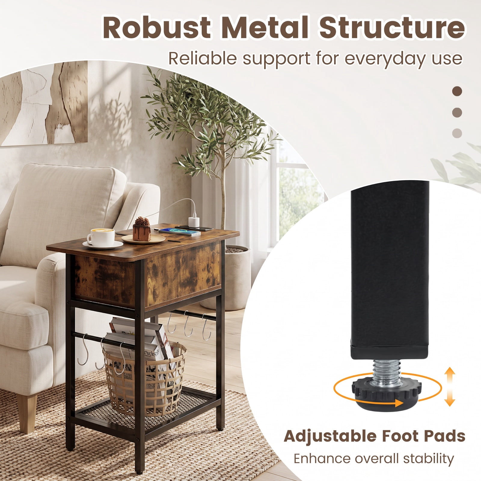 Furnibear Set of 2 End Table with Charging Station and Hidden Compartment USB Type C Ports and Bottom Shelf for Living Room Bedroom, Rustic Brown