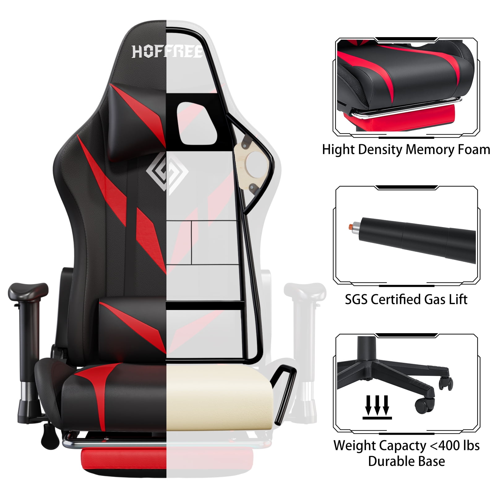 Hoffree Gaming Chair with Speakers Gamer Chair with Footrest and Massage Reclining Video Game Chair with Led Lights and Swivel Seat and Headrest and 2D Armrests for Adults
