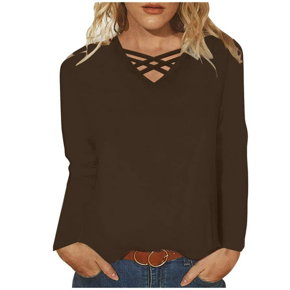 Womens Fall Clothes, Long Sleeve Shirts for Women Plus Size Casual Solid Color Loose Fit Hollow V Neck T-Shirts S-5XL