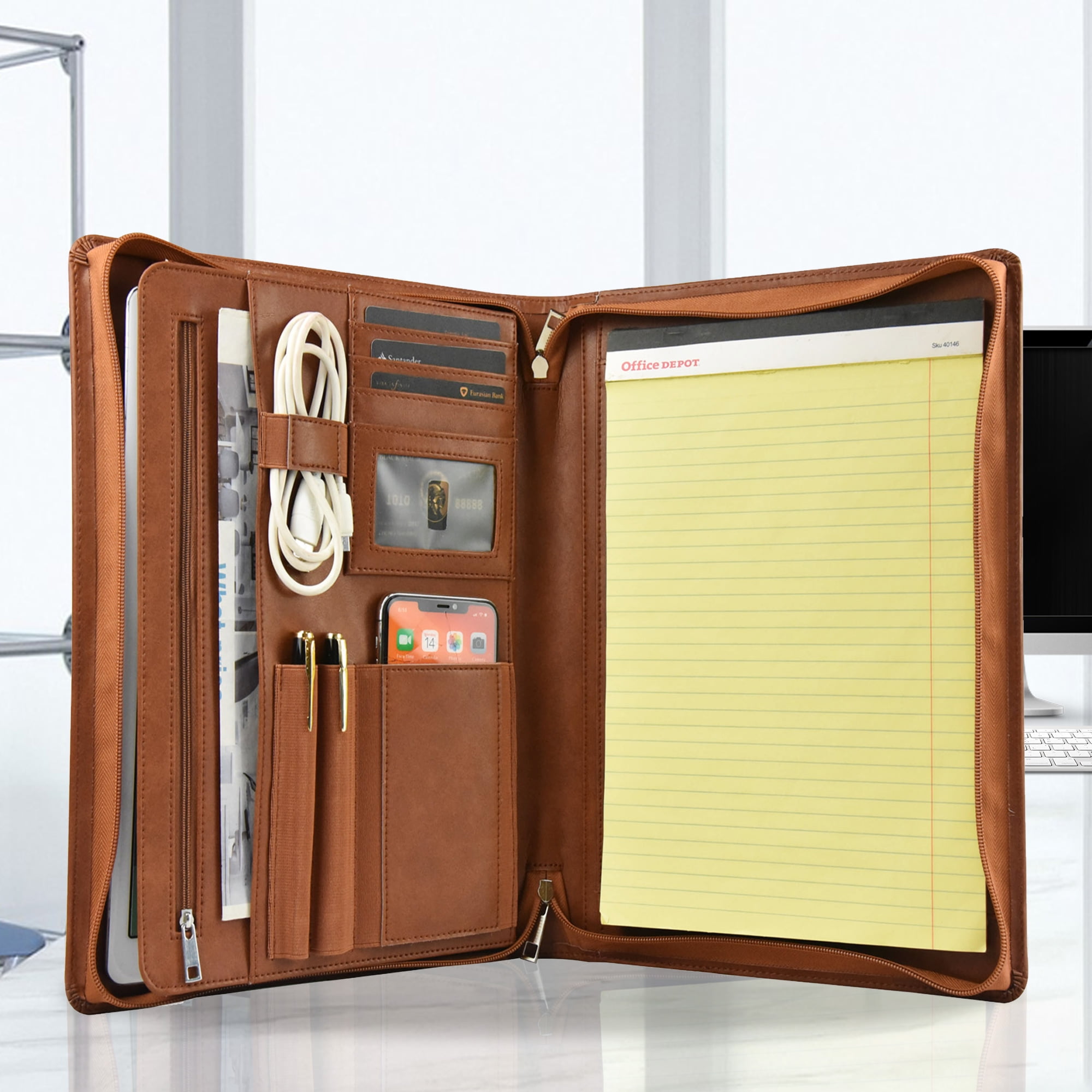 LeatherBelief Leather Padfolio Professional Business File Folder with A4 Letter Size Document Holder, Brown