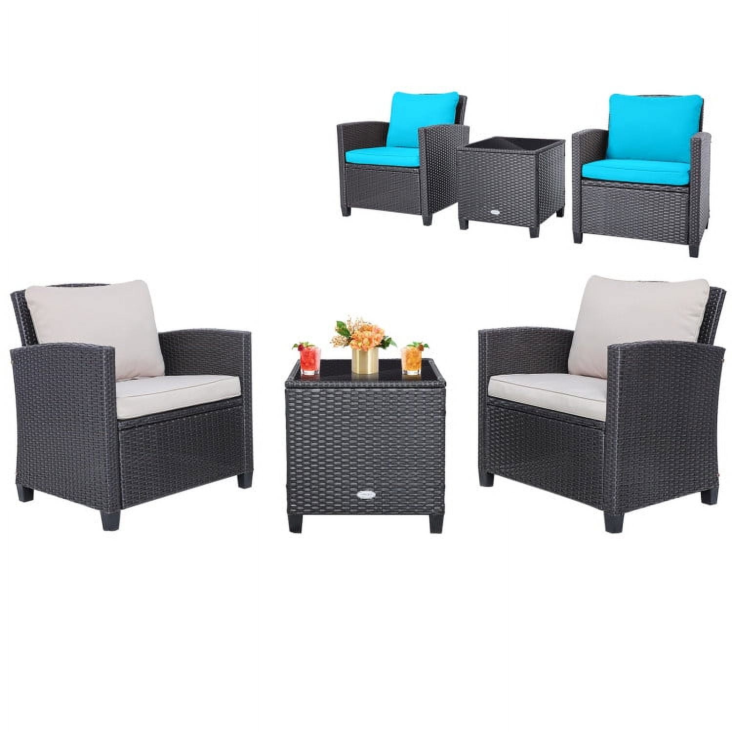 Aimee Lii 3 Pieces Wicker Patio Furniture Set, Coffee Table Cushioned Sofa, with Washable Cushion, Modern Patio Furniture, Turquoise