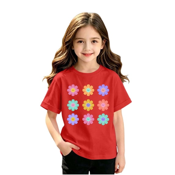 WQNVRNR Girls Summer Short Sleeve Tee- Casual Printed Cotton Crewneck Cute T Shirt Red Size 8