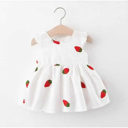 

MissiMae Kids Girl Dresses Fly Sleeve Round Neck Cherry/ Strawberry Print Princess A-Lined Party High Waist Dress 9M-3Y