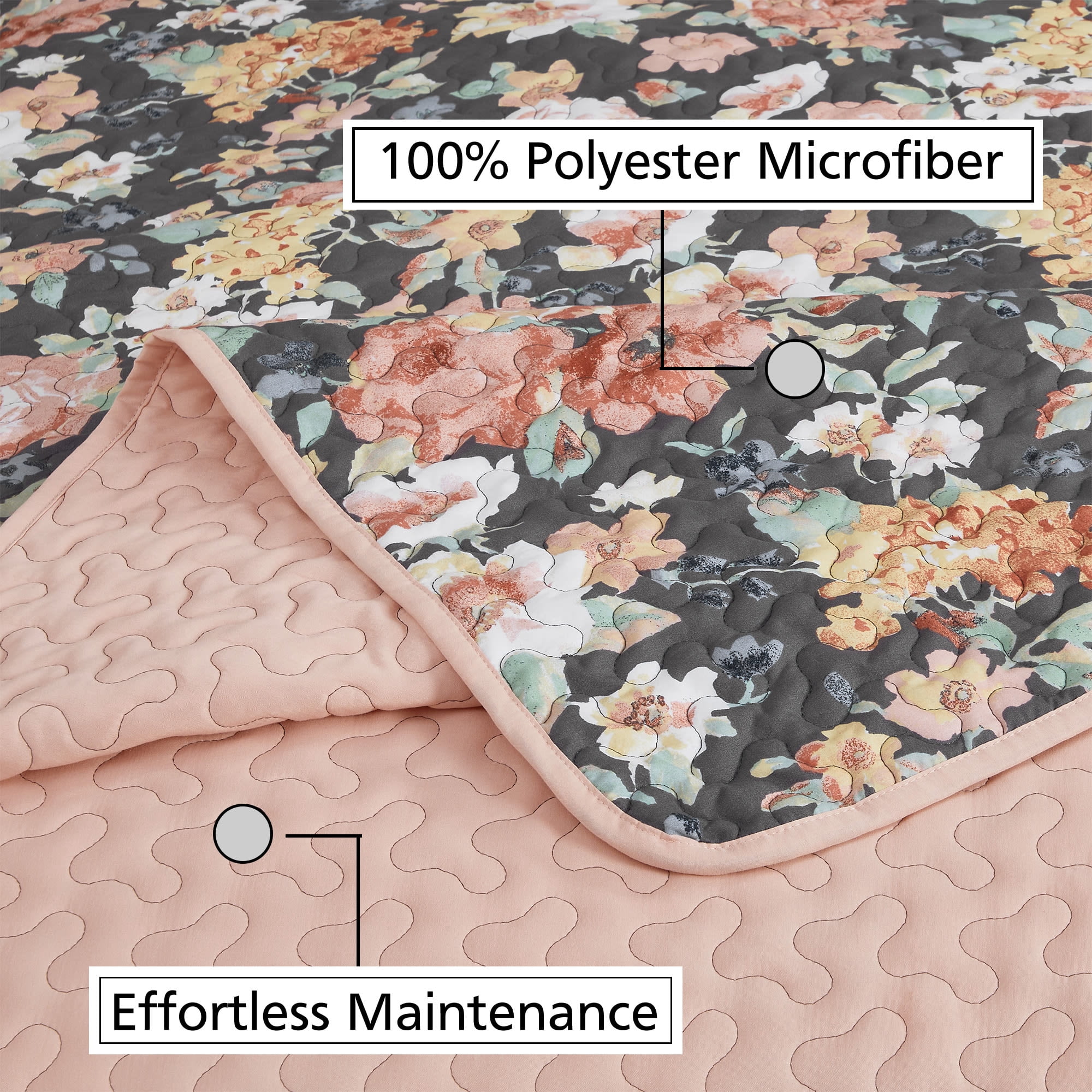Mainstays All in One Lightweight Quilt Set and Sheet Set -7 Piece, Queen, Gray Floral