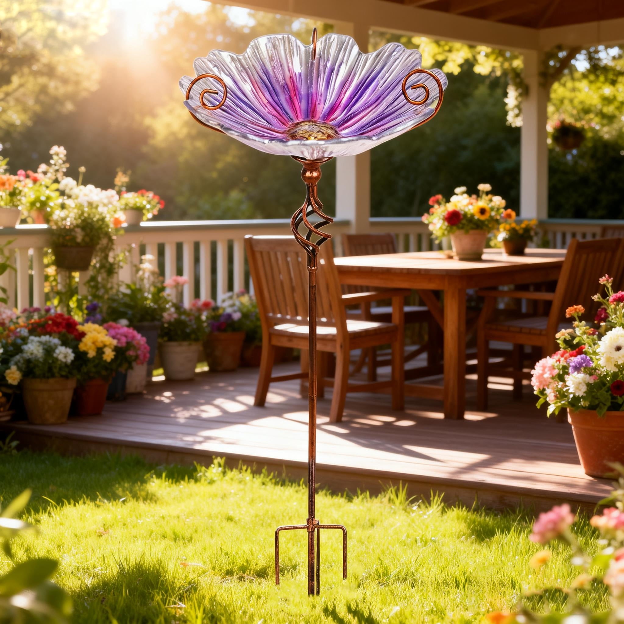 Outdoor Bird Bath,Flower-Shaped Glass Bird Bath, Metal Stand,Decorative Outdoor Garden Bird Feeder for Attracting Birds,Purple
