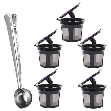 

5Pcs Reusable Coffee Filter Cups Stainless Steel Mesh Strainer Refillable Eco Friendly Replacement black and Clip Spoon Clip Spoon