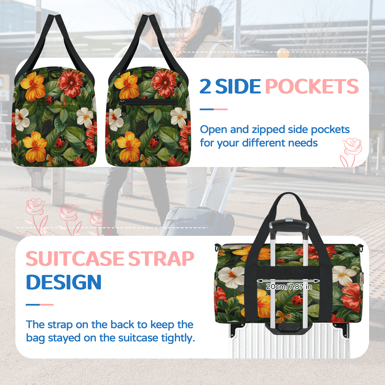Herdesigns Ladybugs Tropical Floral Leaf Gym Bag for Women, Duffle Bag for Travel Sport, Lightweight Waterproof Carry on Weekender Overnight Dance Yoga Workout Bags
