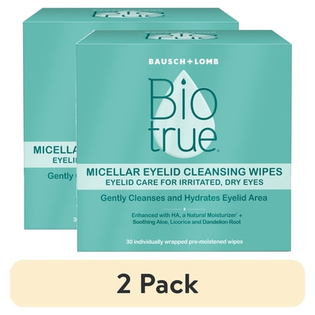 (2 pack) Biotrue Micellar Water Eyelid Cleansing Wipes and Fragrance Free Cleanser, 30 Pack