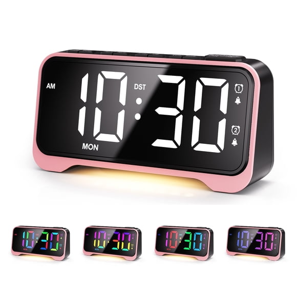 Digital Alarm Clock for Kids, 10 RGB Phantom Dynamic Colors Bedside Alarm Clock with Night Light Adjustable Brightness/Volume Dual Alarms Big Snooze