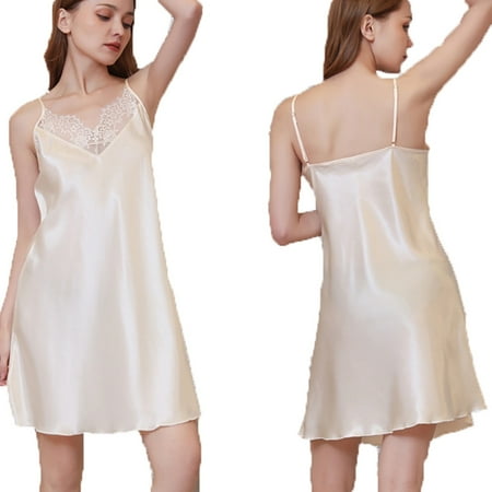 Women s Satin Lace Chemise Nightgown Open Back Sexy Full Slips Sleepwear Negligee Nightie Bridal Babydoll Lingerie