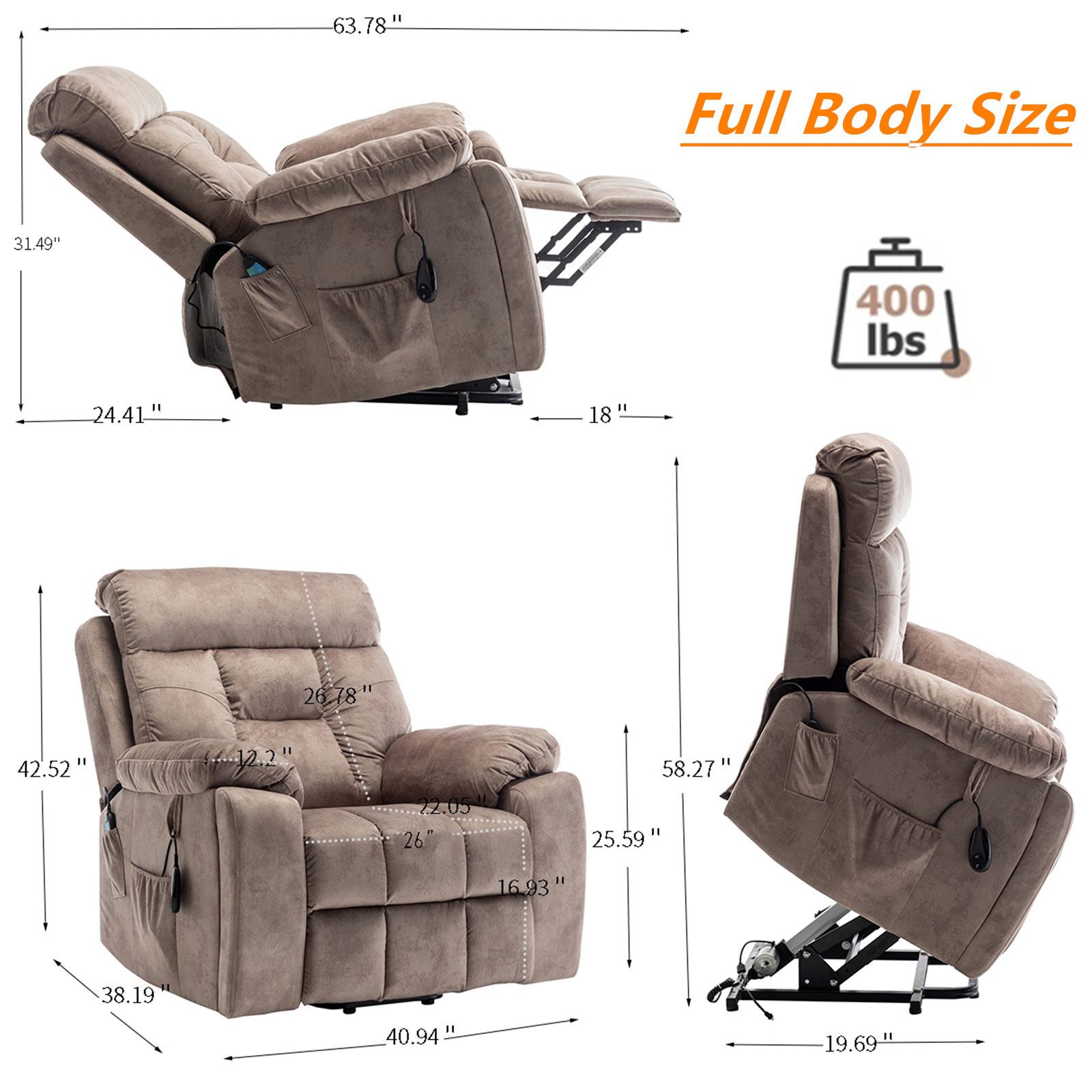 LITVZ 26in Extra Wide Recliner Chair for Big Man 400lbs, Oversized Power Lift Chair with Heat and Massage Hidden Cup Holder, Overstuffed Velvet Stand Up Recliner Lift Chairs for Elderly