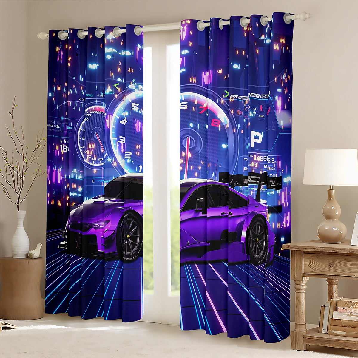 Sports Car Curtains Racing Car Cool Sports Curtains & Drapes for Youth Teenagers Extreme Sports Race Speed Automobile Print 30%-50% Blackout Curtains (52Wx84L,Purple)